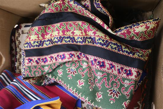 Three Paisley shawls, a women silk stole, kelim etc